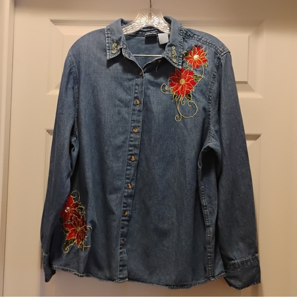 Holiday Editions Denim Shirt with Floral Embroidery Festive Celebration Size XL - Picture 1 of 9